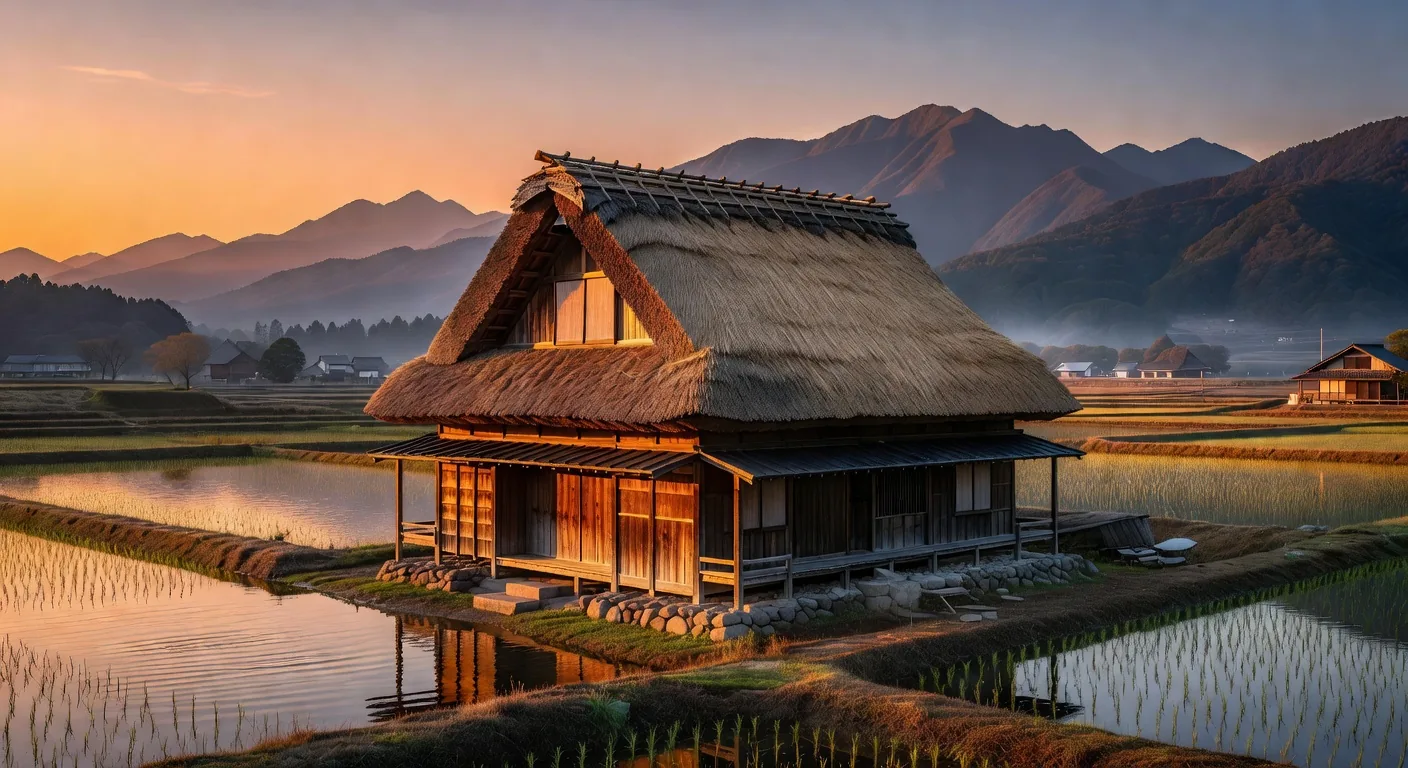 Thatched farmhouse at sunset — Wabi-Sabi in Japanese Architecture