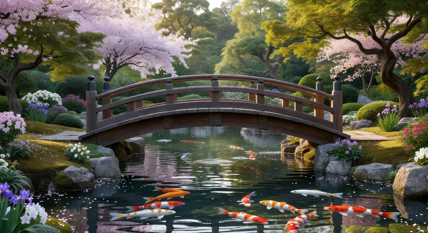 Traditional bridge over a koi pond — the integration of crafted structure and living landscape